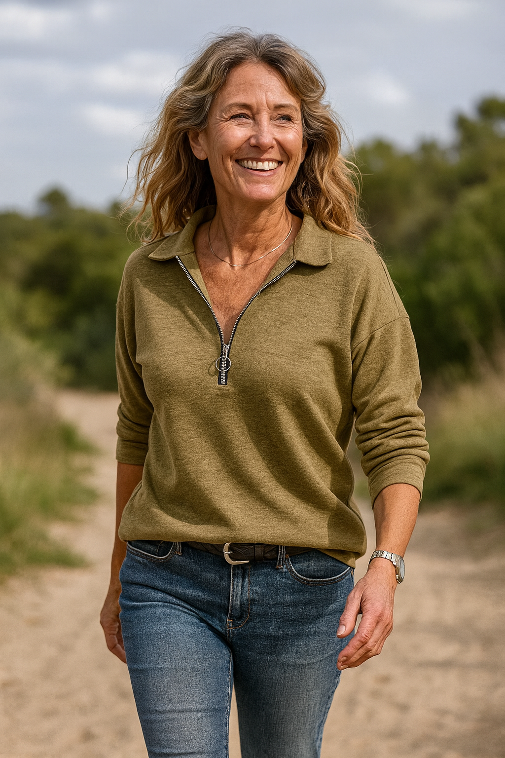 Hermine | Pull femme demi-zip en maille coton mérinos, col V décontracté