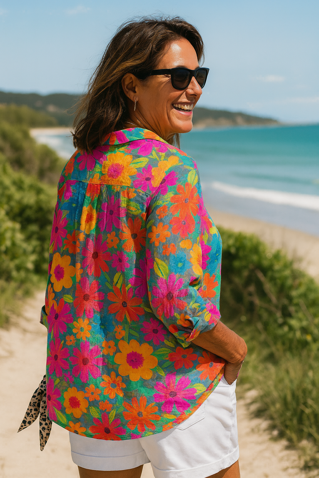 Blanche | Blouse femme imprimée légère, manches 3/4 en tissu aéré décontracté chic