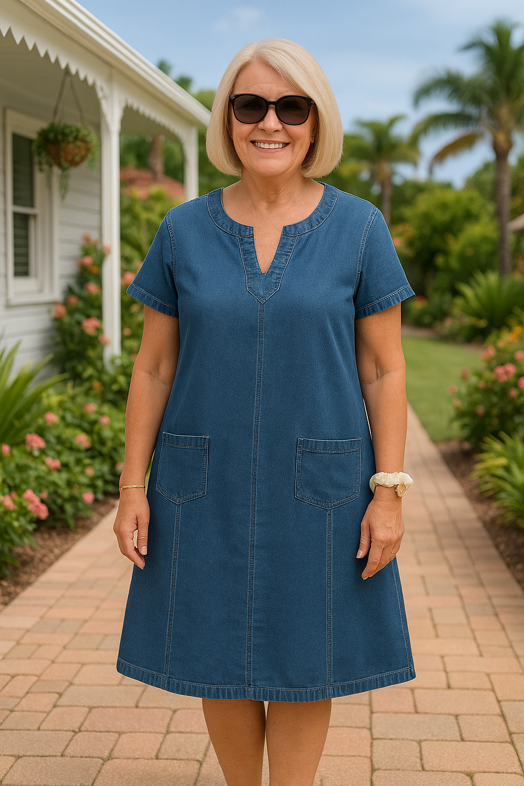Mirielle | Robe mi-longue femme en jean doux, à poches et manches amples au quotidien