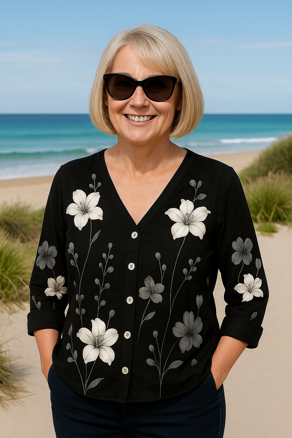 June | Haut femme fleuri fluide, coupe sans effort et flatteuse