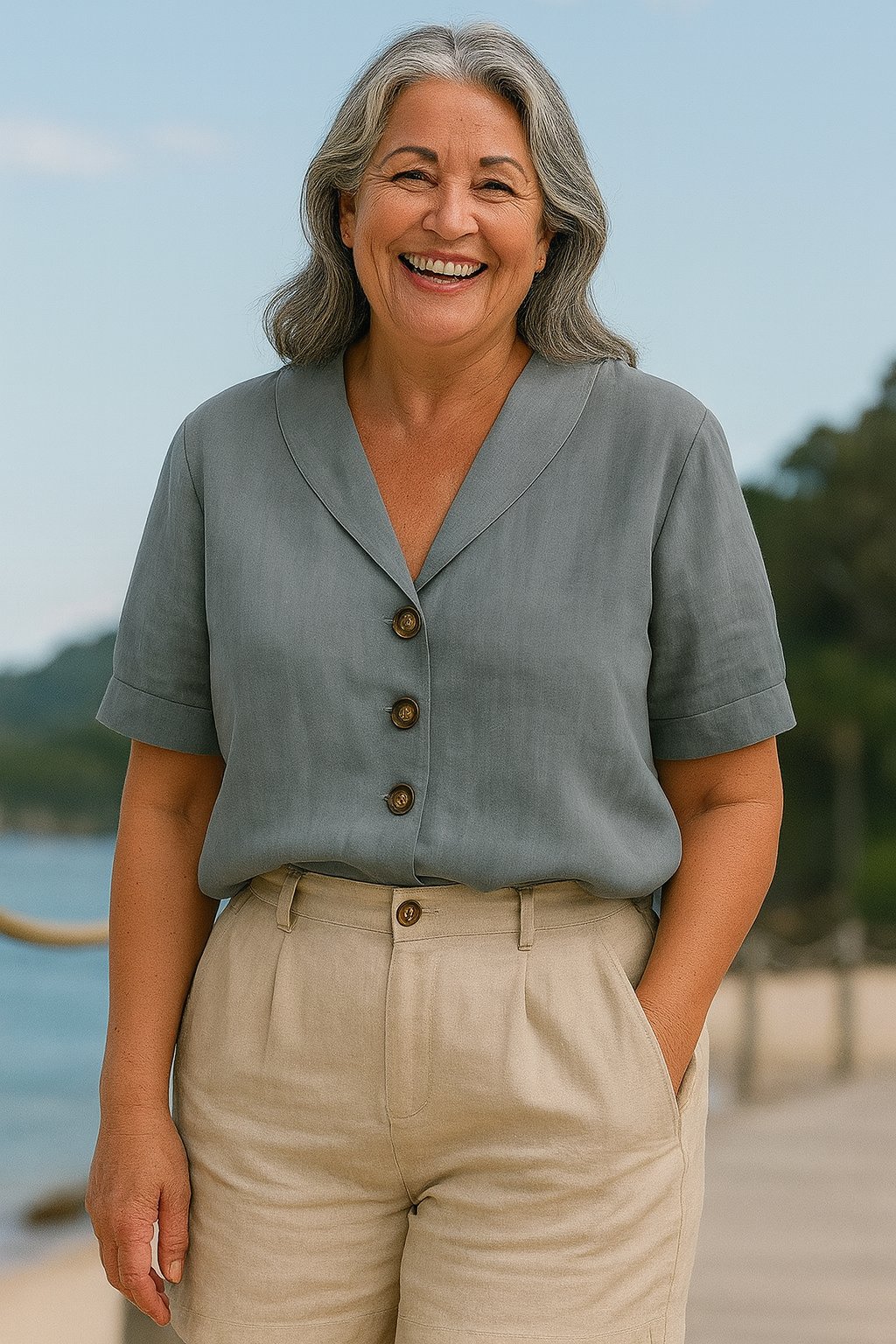 Charlina | Blouse femme légère coton-lin col V, boutons élégants coupe flatteuse