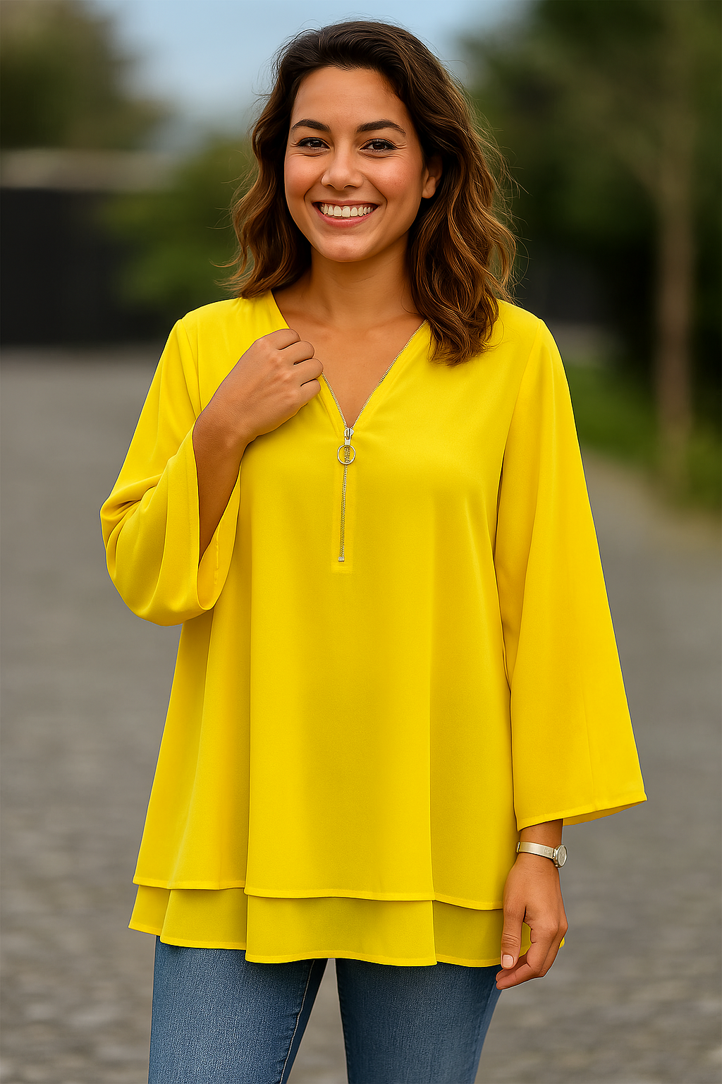 Manon | Blouse femme mousseline fluide col V avec zip, légère pour l'été