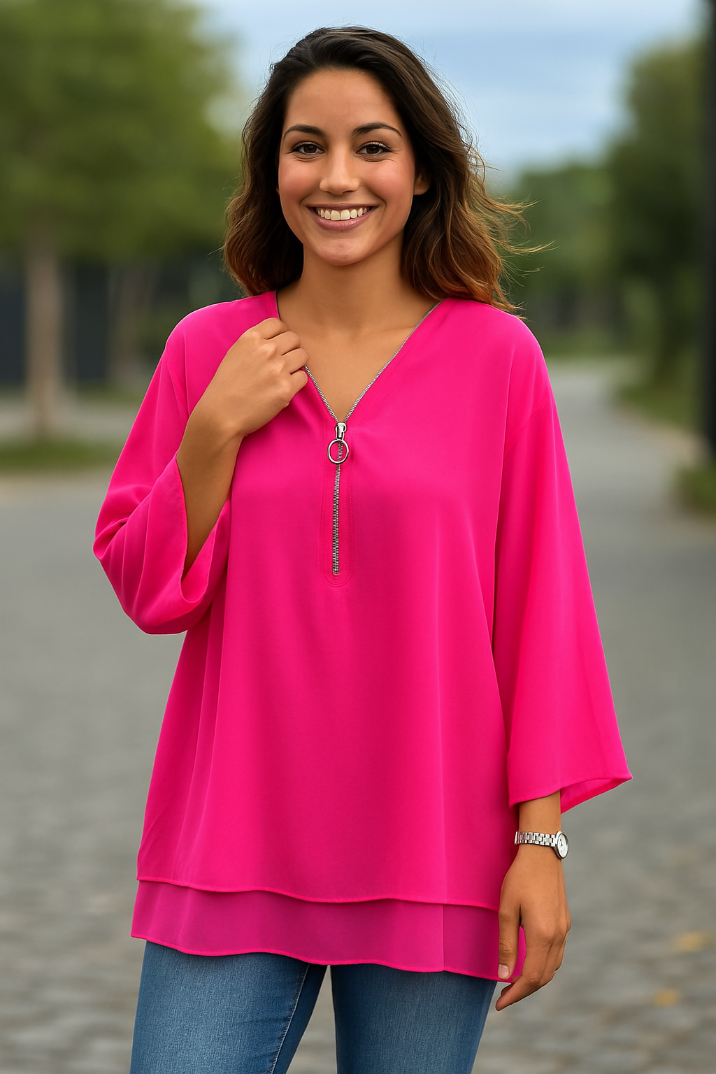 Manon | Blouse femme mousseline fluide col V avec zip, légère pour l'été