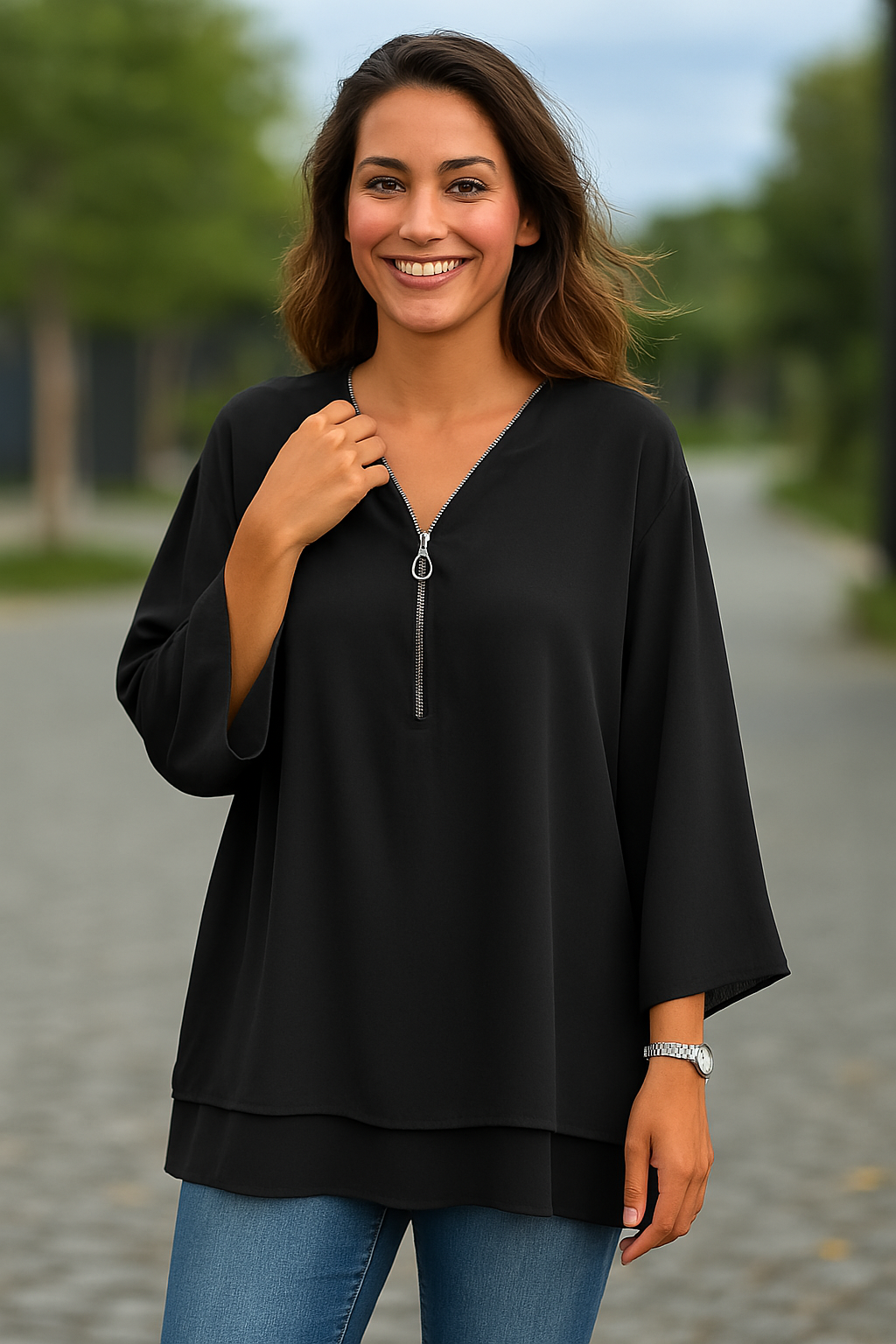 Manon | Blouse femme mousseline fluide col V avec zip, légère pour l'été