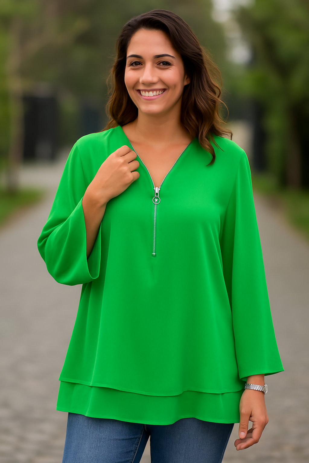 Manon | Blouse femme mousseline fluide col V avec zip, légère pour l'été
