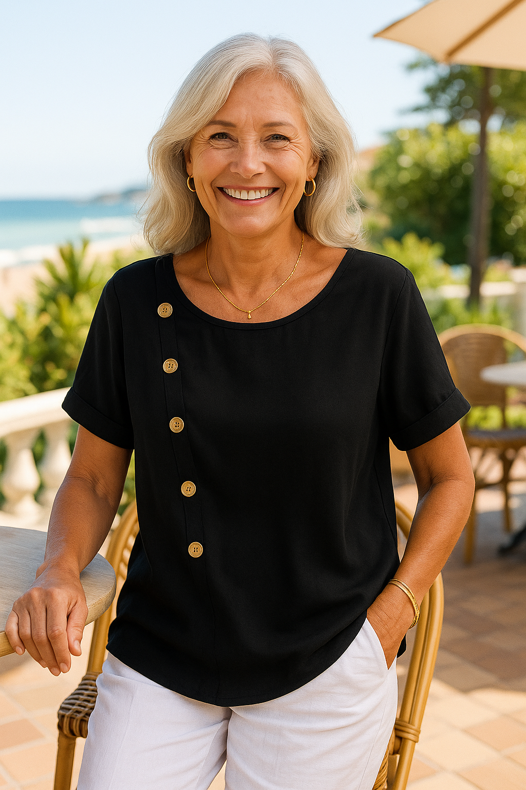 Aria | Blouse femme coton-lin légère boutonnée, manches courtes fluide