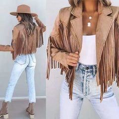 Veste en Daim Femme à Franges Style Moto Automne