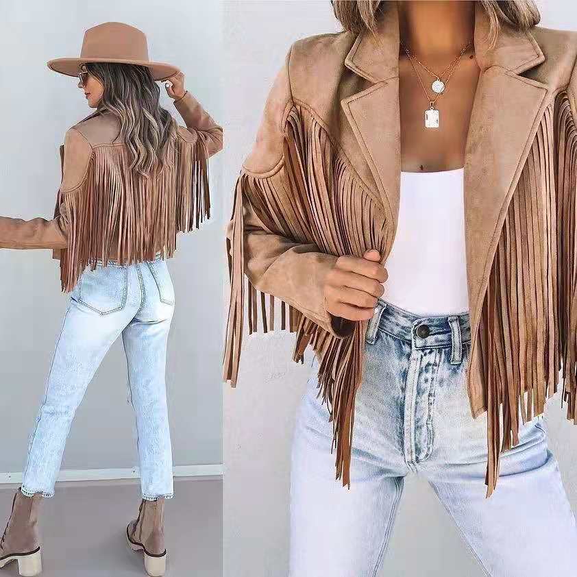 Veste en Daim Femme à Franges Style Moto Automne