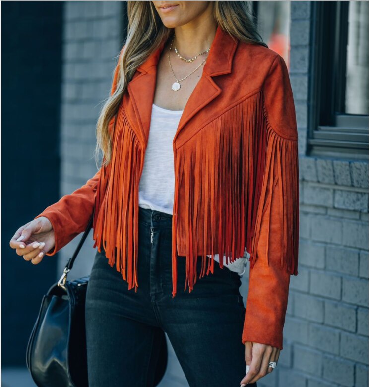 Veste en Daim Femme à Franges Style Moto Automne