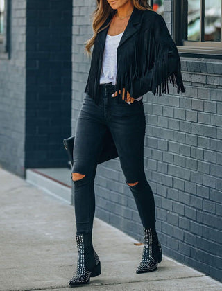Veste en Daim Femme à Franges Style Moto Automne
