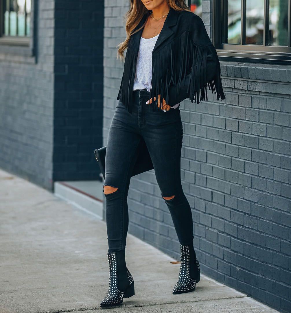 Veste en Daim Femme à Franges Style Moto Automne