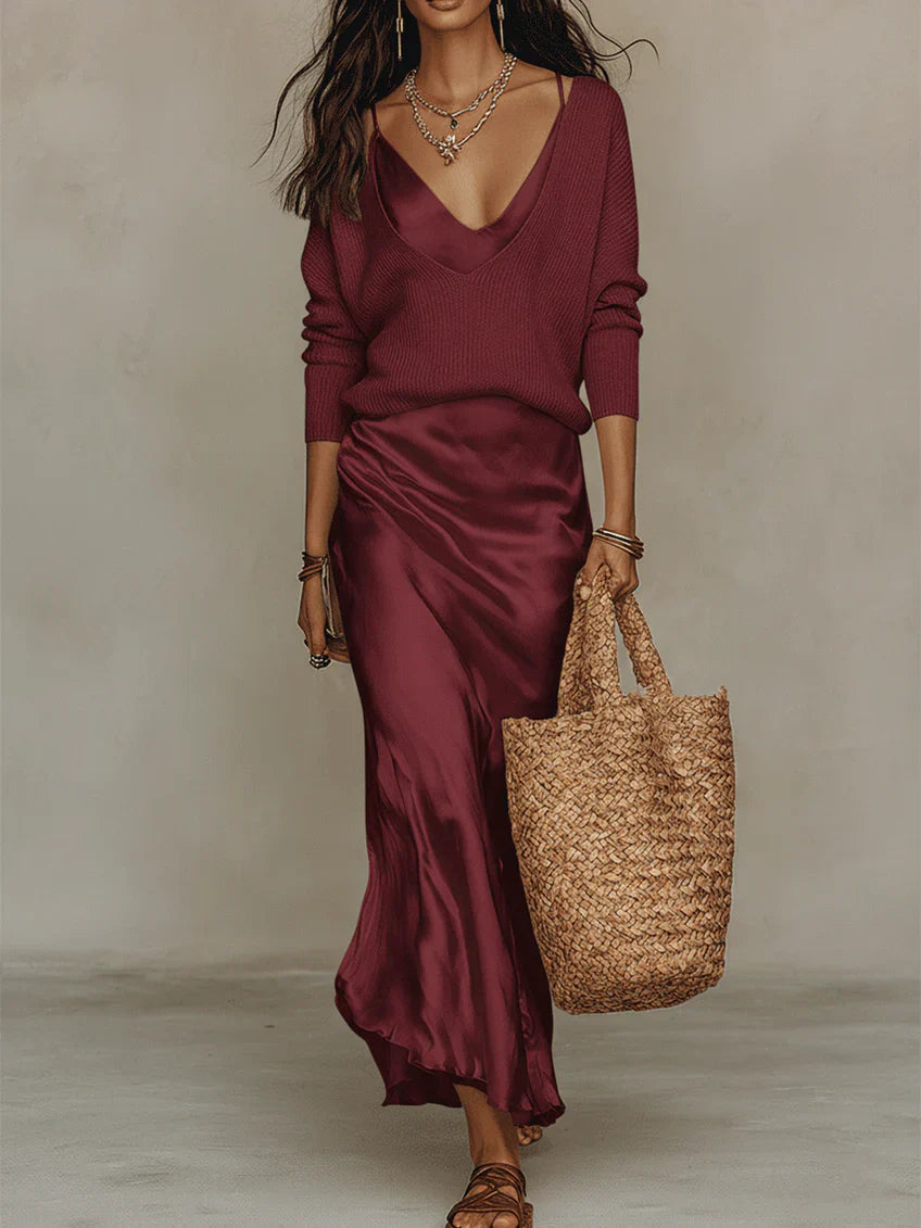Yara | Ensemble femme robe midi en satin et pull en maille, tenue chic
