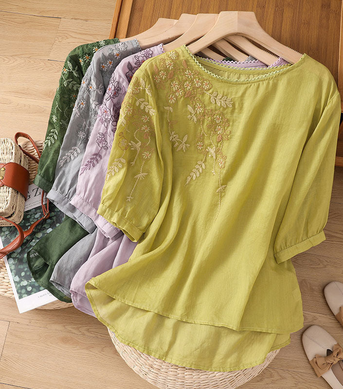 Evella | Blouse femme coton-lin fluide, broderie florale pour l'été