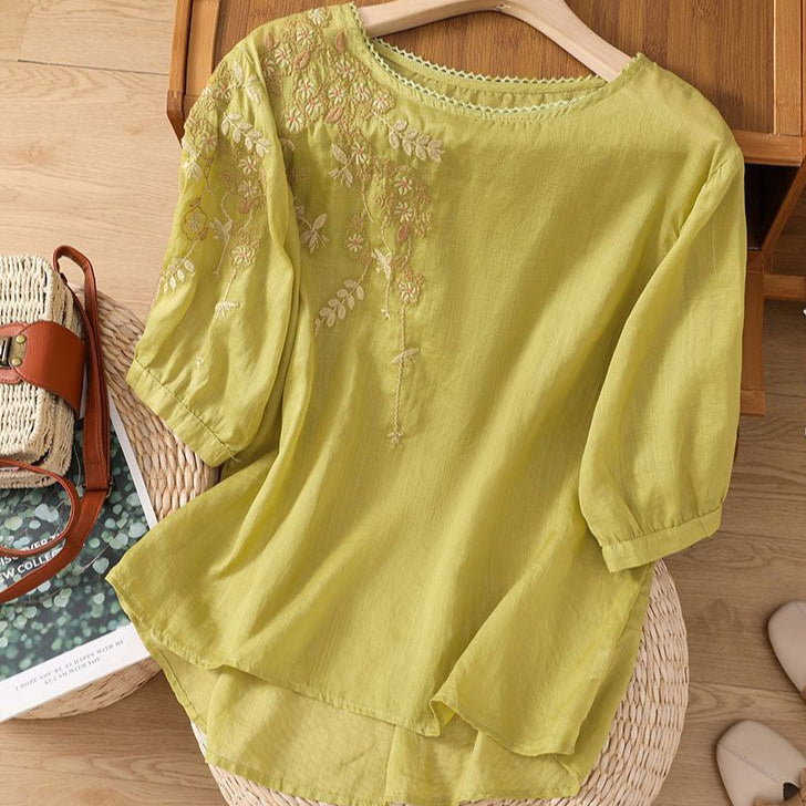 Evella | Blouse femme coton-lin fluide, broderie florale pour l'été