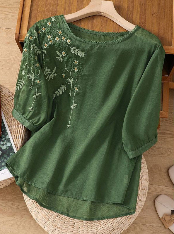 Evella | Blouse femme coton-lin fluide, broderie florale pour l'été
