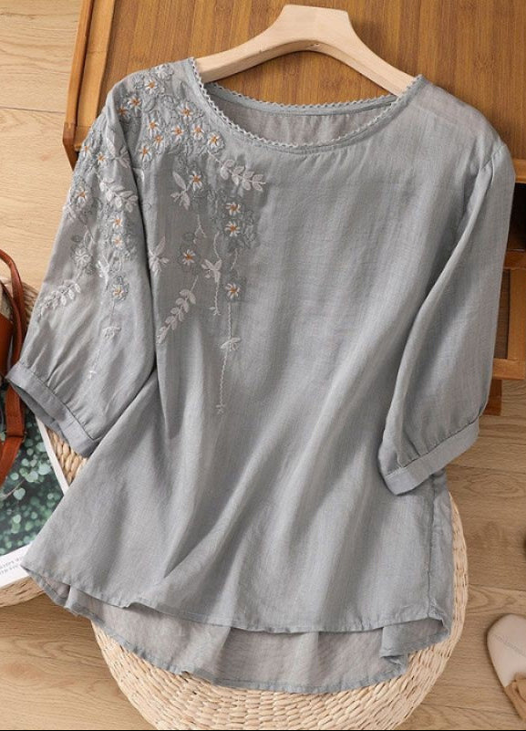 Evella | Blouse femme coton-lin fluide, broderie florale pour l'été