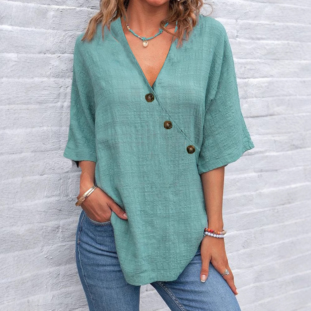 Lison | Blouse femme boutonnée souple en tissu respirant, coupe drapée pour l'été