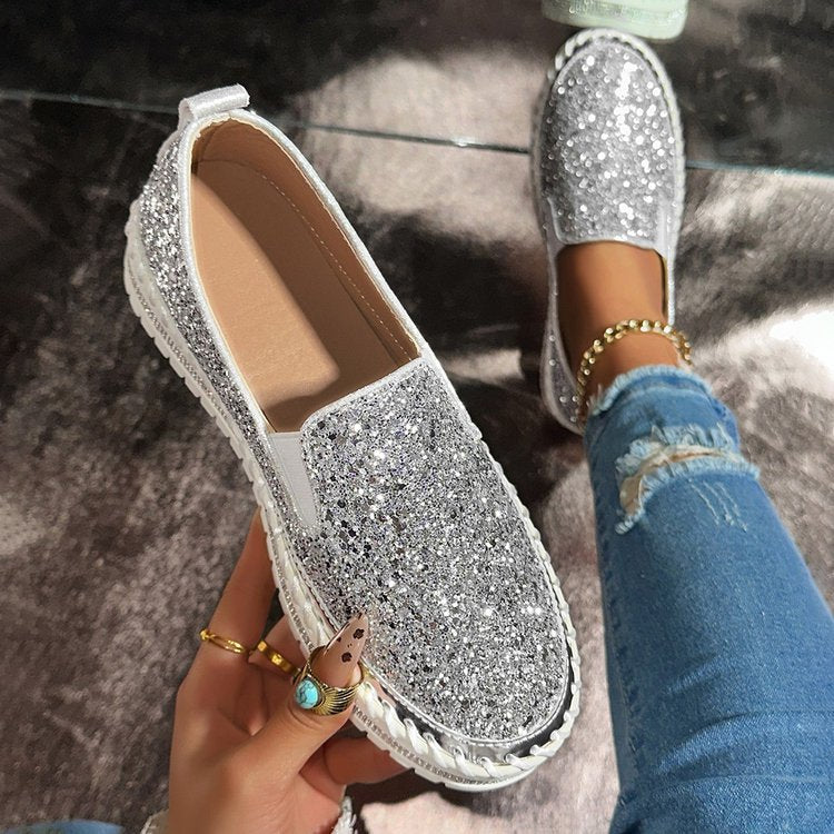 Jamila | Mocassins femme plats à paillettes, élégants pour sorties chic – Noir et argenté