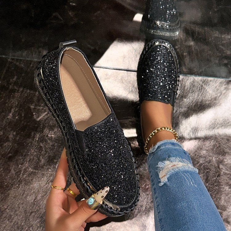 Jamila | Mocassins femme plats à paillettes, élégants pour sorties chic – Noir et argenté