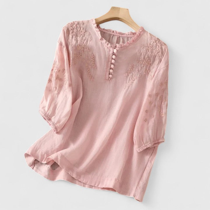 Garance | Blouse femme coton-lin boutonnée brodée, manches 3/4 chic pour l'été