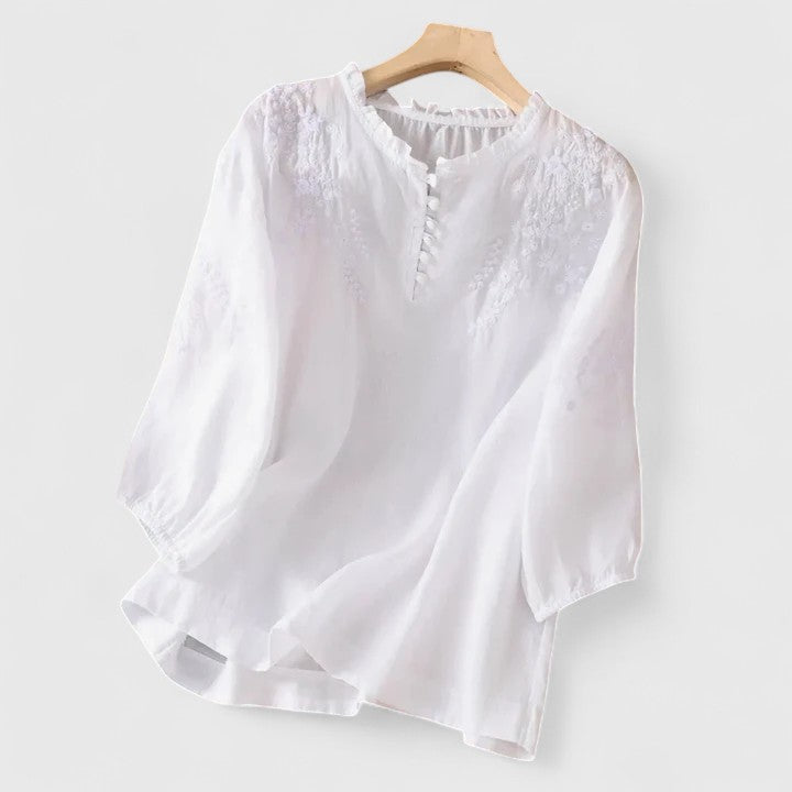 Garance | Blouse femme coton-lin boutonnée brodée, manches 3/4 chic pour l'été
