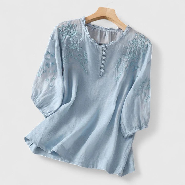 Garance | Blouse femme coton-lin boutonnée brodée, manches 3/4 chic pour l'été