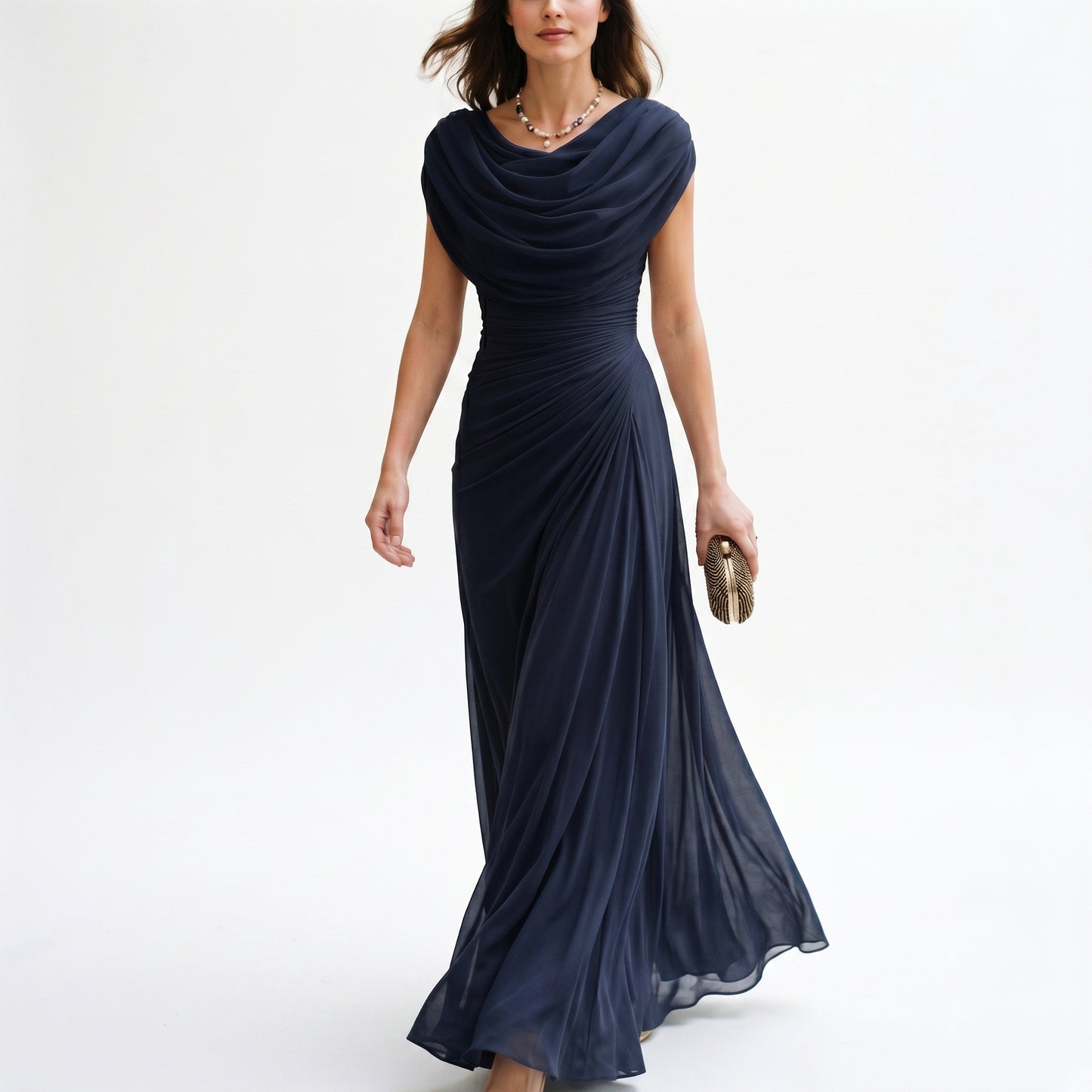 Anaïs | Robe de soirée longue femme drapée, col bénitier et taille froncée