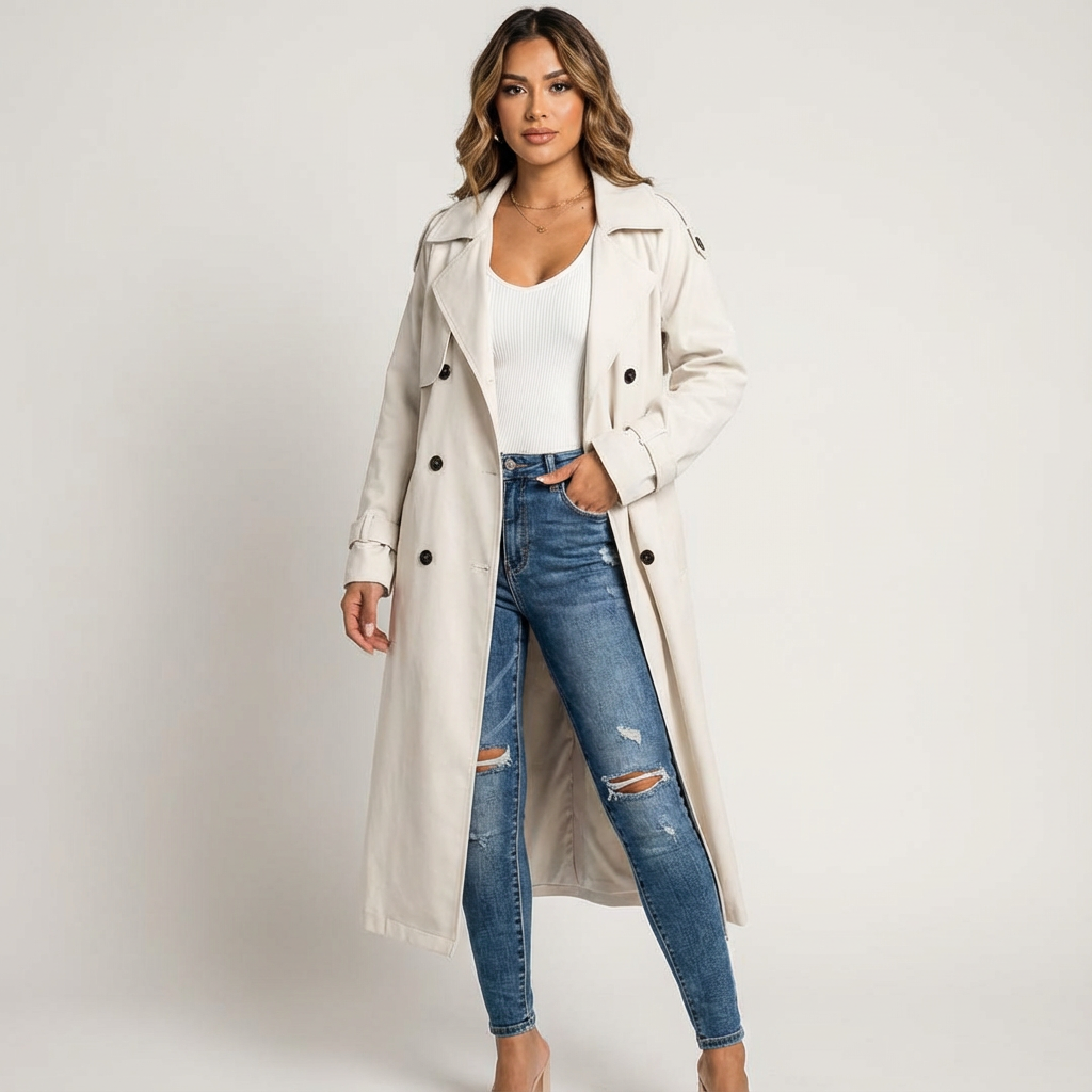 Trench Femme Long Élégant Ceinturé Coupe Ajustée