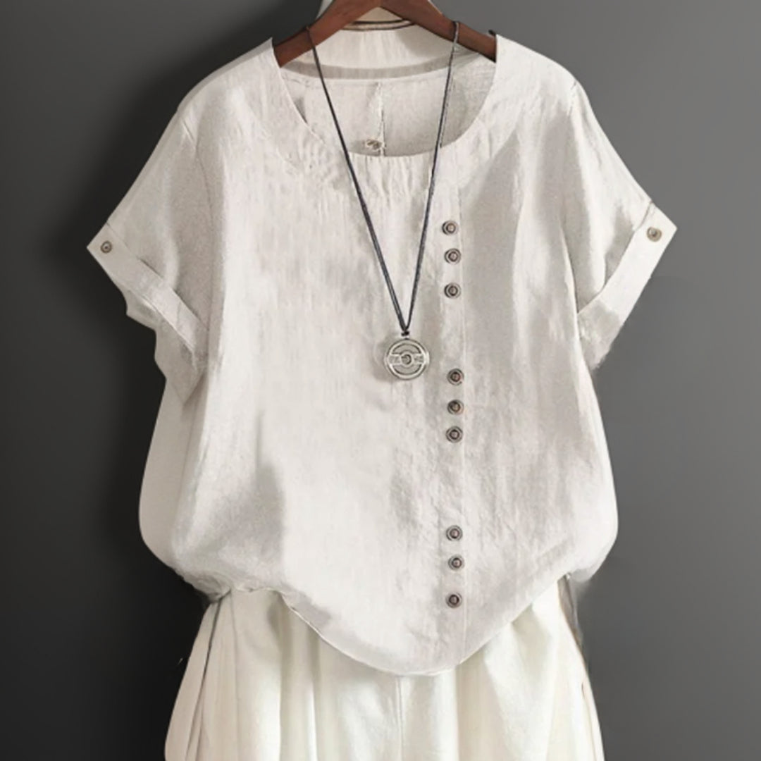 Anika | Blouse femme boutonnée manches courtes en coton-lin, légère mi-saison