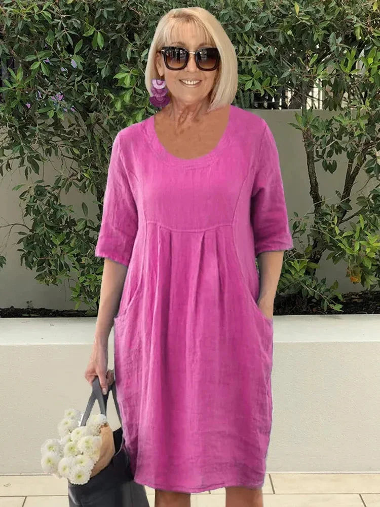 Ruthie | Robe tunique femme en lin légère, manches courtes à poches pour l'été
