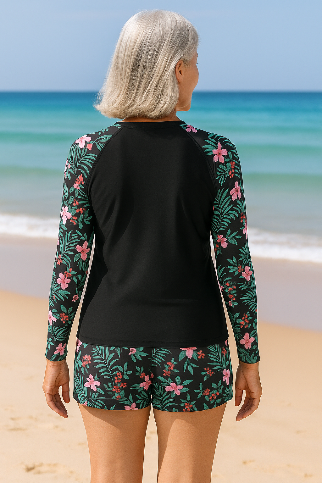 Bérénice | Tankini femme anti-UV deux pièces manches longues avec short, protection UPF 50+