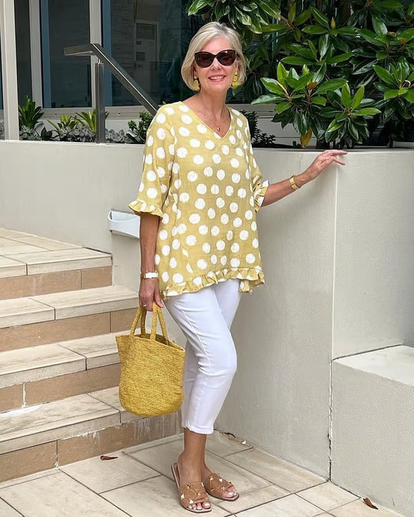 Denise | Blouse femme à pois col V, coupe détendue confortable et élégante