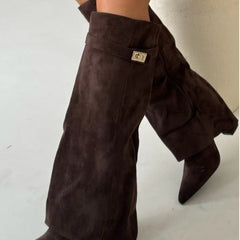 Bottes Femme en Daim Noir à Talon et Détails Dorés