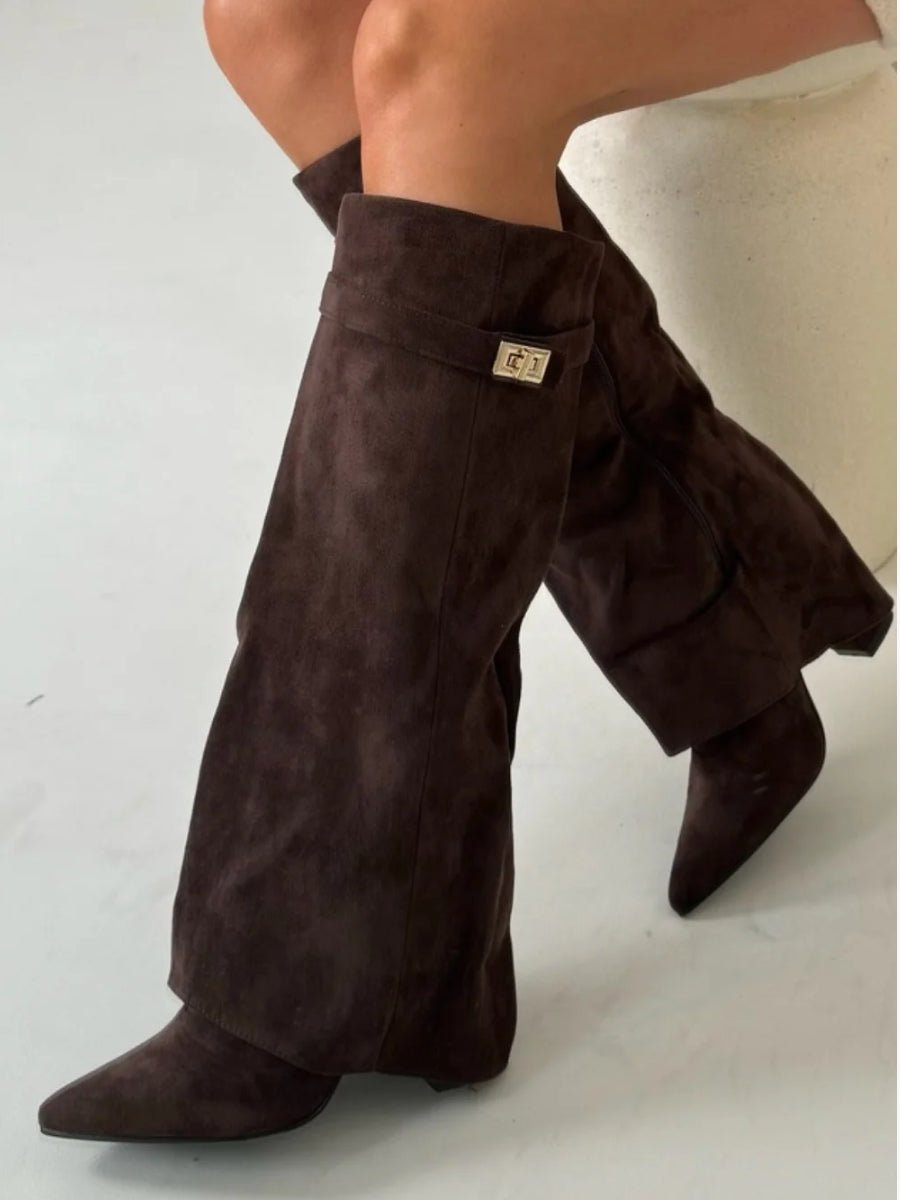 Bottes Femme en Daim Noir à Talon et Détails Dorés