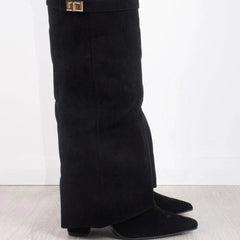 Bottes Femme en Daim Noir à Talon et Détails Dorés