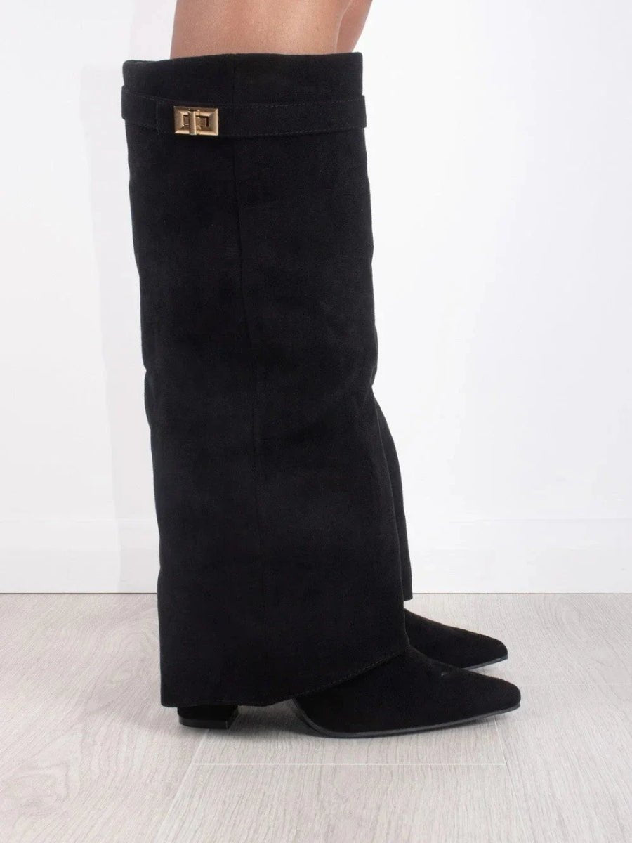 Bottes Femme en Daim Noir à Talon et Détails Dorés