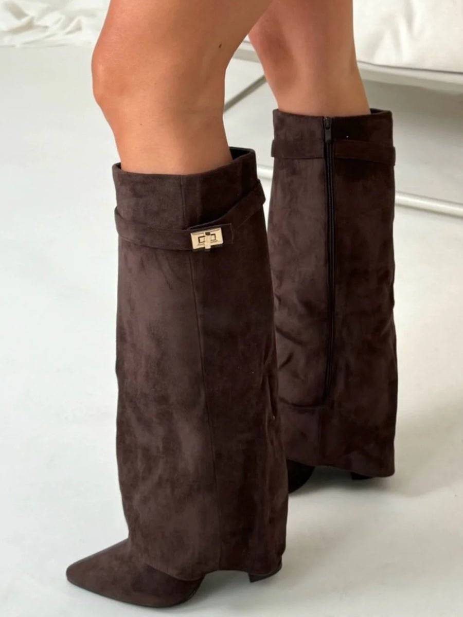 Bottes Femme en Daim Noir à Talon et Détails Dorés