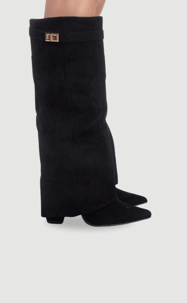 Bottes Femme en Daim Noir à Talon et Détails Dorés