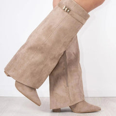 Bottes Femme en Daim Noir à Talon et Détails Dorés