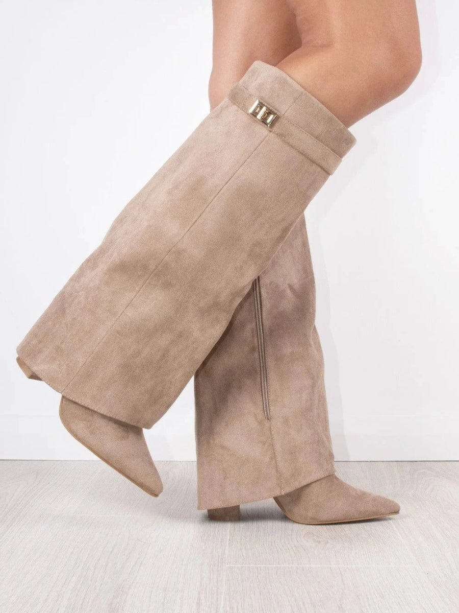 Bottes Femme en Daim Noir à Talon et Détails Dorés