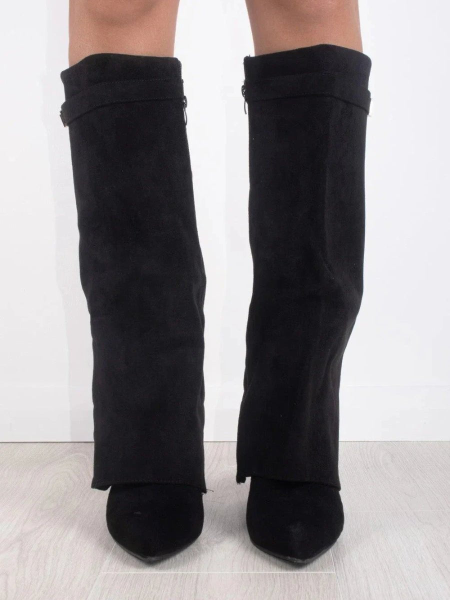 Bottes Femme en Daim Noir à Talon et Détails Dorés