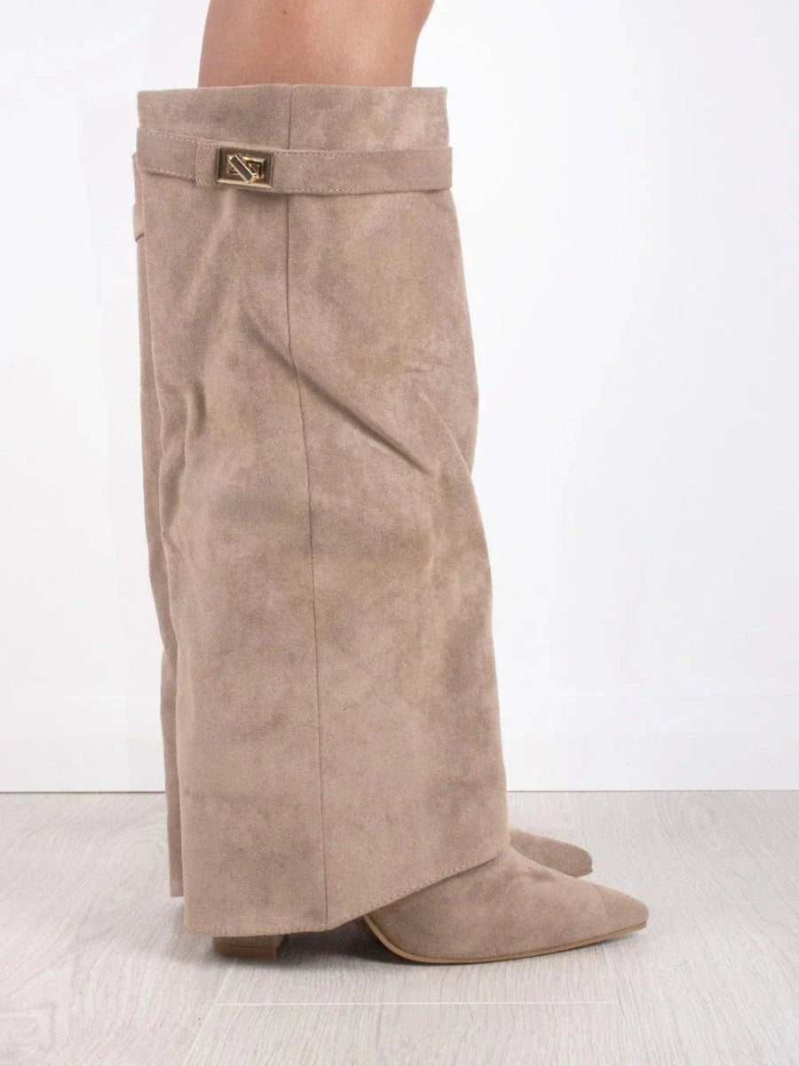 Bottes Femme en Daim Noir à Talon et Détails Dorés