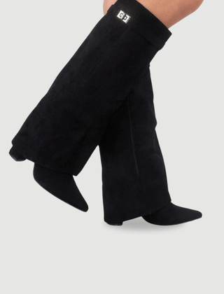 Bottes Femme en Daim Noir à Talon et Détails Dorés