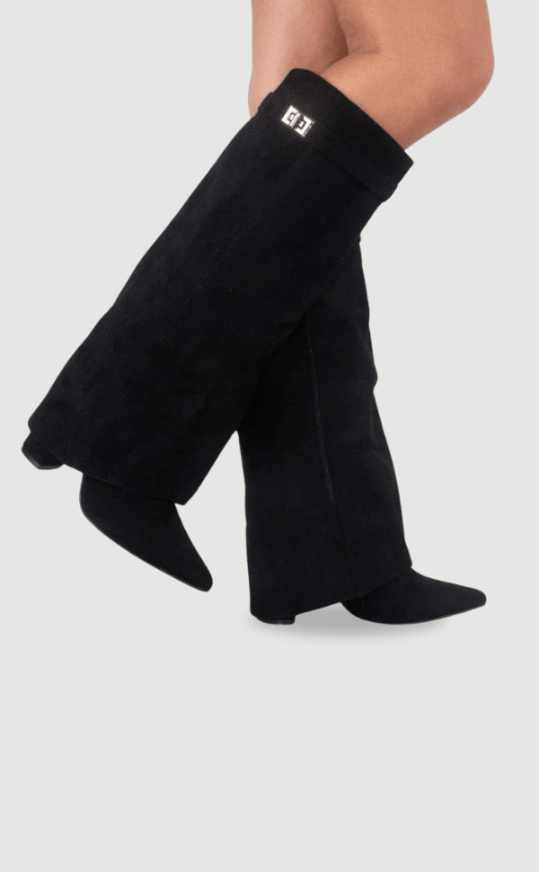 Bottes Femme en Daim Noir à Talon et Détails Dorés
