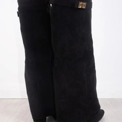 Bottes Femme en Daim Noir à Talon et Détails Dorés