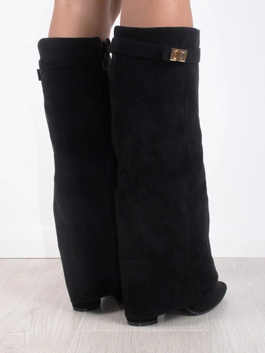 Bottes Femme en Daim Noir à Talon et Détails Dorés