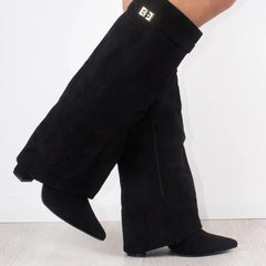 Bottes Femme en Daim Noir à Talon et Détails Dorés