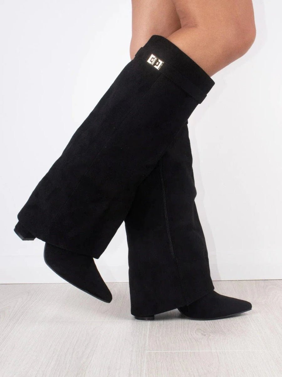 Bottes Femme en Daim Noir à Talon et Détails Dorés