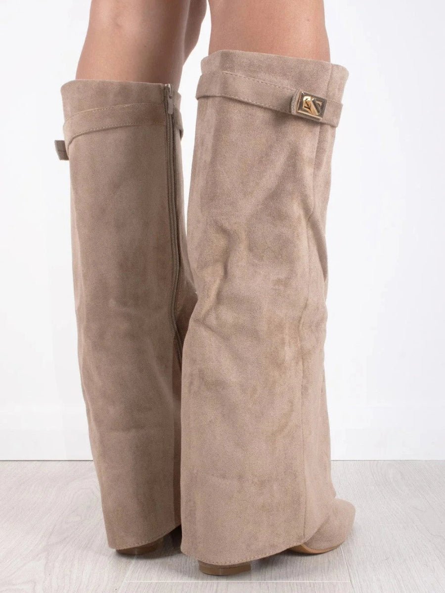 Bottes Femme en Daim Noir à Talon et Détails Dorés