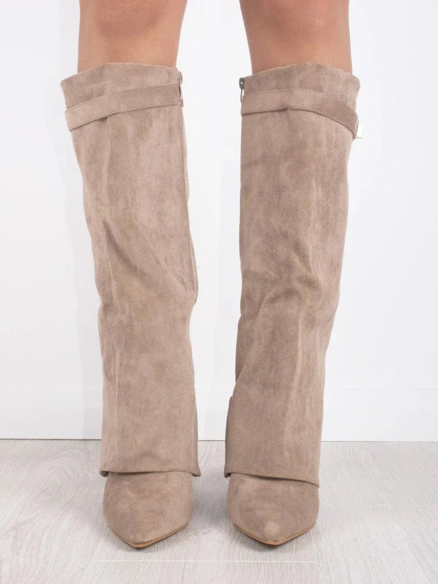 Bottes Femme en Daim Noir à Talon et Détails Dorés